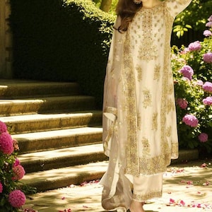 Pakistani Designer Readymade Georgette Kurta with Embroidery Work , Palazzo And Dupatta Set ,Beautiful 3pc Party Wear Wedding Salwar Kameez