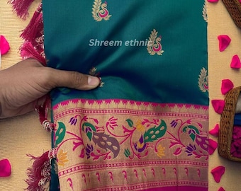 Zari geweven paithani zijden sari; Pallu met pauwenmotief, pure designerzijde