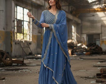 Embroidered Faux Georgette Anarkali Gown, Sequin Zari Work, Wedding Outfit
