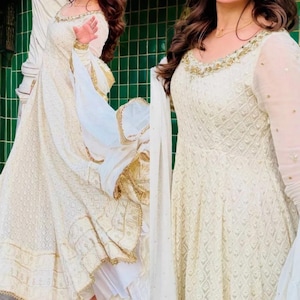 Wedding Wear Off White Anarkali Gown With Dupatta 3Pc Readymade Gown Flared Gown Party Wear Suit Anarkali Wedding Indian Sangeet Wear Gown