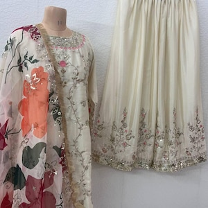 Embroidered Chinon Silk Palazzo Suit: Indian Kurta, Sequin Work, Zari Lace Dupatta