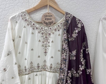 Georgette Sequins Embroidery Work Anarkali Dress For Woman Designer White Long Indian Gown Bridesmad Floral Dress Plus size Wedding Dress