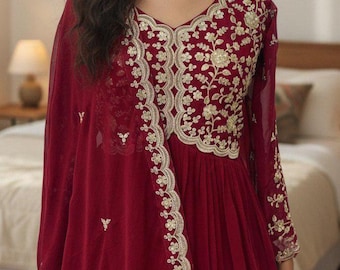 Maroon Georgette Anarkali Gown, Sequin Embroidered Indian Dress