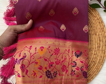 Handgeweven paithani-zijden sari: Peacock Pallu, USA gestikte blouse