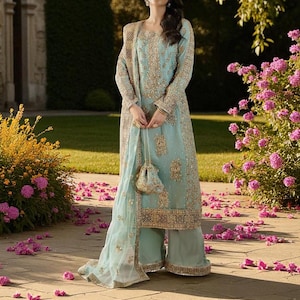 Conjunto de 3 piezas de kurta y sharara de seda georgette de diseñador, confeccionado, para fiesta, boda, indio