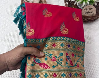 Zachte paithani-zijden sari: pauwenmotieven en rijk zari-weefsel