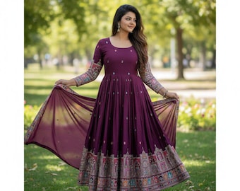 Anarkali Gown Women Chinon Silk Embroidery Indian Ethnic Wedding Designer Dress
