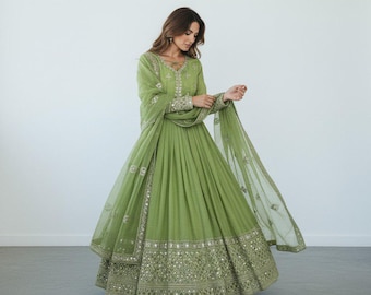 Yellow Anarkali Gown Dupatta Set, Embroidery & Sequins, Indian Party Wear