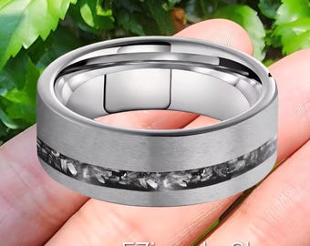 8MM Tungsten Carbide Ring with Meteorite Inlay: Comfort Fit Band