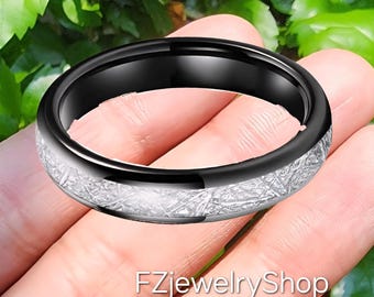 Bague en carbure de tungstène de 4 mm : incrustation de météorite, ajustement confortable