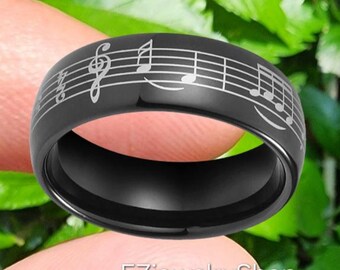 Engraved Music Note Tungsten Carbide Ring: 8MM Polished Band