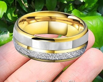 Meteorite & Mother of Pearl Tungsten Ring: 8MM Comfort Fit Band