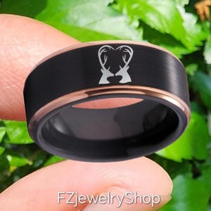 Engraved Deer Heart Tungsten Carbide Ring - Black & Rose Gold Band (10MM)