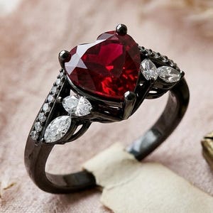 Gothic Heart Ruby Ring, Black Gold Engagement Ring, Dark Romance Jewelry, Alternative Style