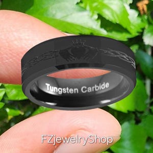 Black Tungsten Carbide Ring: Engraved Claddagh Design, Comfort Fit