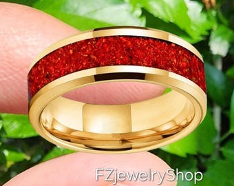 Anillo de carburo de tungsteno con incrustaciones de ópalo rojo - Banda de ajuste cómodo de 8 mm