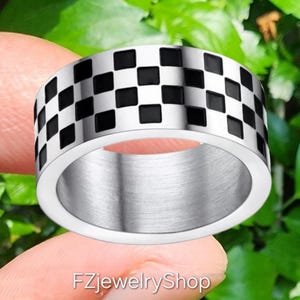 Stainless Steel Checkerboard Ring, Black and White Chess Band