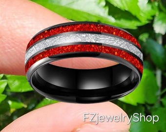 Anillo de tungsteno con incrustaciones de meteorito de ópalo rojo - 8 mm de ajuste cómodo