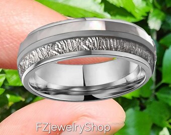 Tungsten Carbide Ring, Meteorite & White Shell Inlay, Comfort Fit