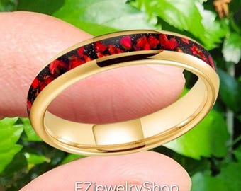 Anillo de carburo de tungsteno de 4 mm con incrustaciones de ópalo rojo y ajuste cómodo.