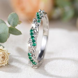 Emerald Green Vine Ring • Silver Plated Brass Twisted Band • Nature Inspired Stackable May Birthstone