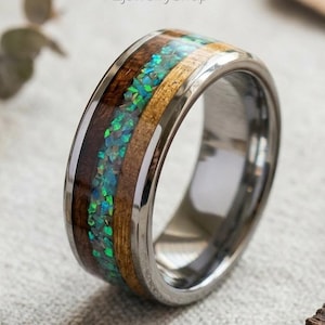 Tungsten Carbide Ring: Green Opal & Koa Wood Inlay (8MM)