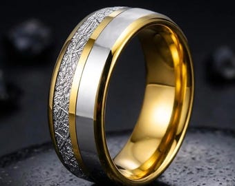 Meteorite & Mother of Pearl Tungsten Ring: 8MM Comfort Fit Band