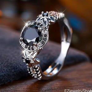 Gothic Victorian Black CZ Ring • Silver Plated Brass Floral Band • Dark Romance Jewelry