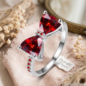 Red Ruby Bow Ring, Silver Trillion Cut Stones, Romantic Ribbon Jewelry