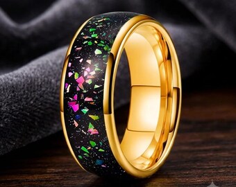 Tungsten Carbide Ring: Colorful Fragment Inlay, Comfort Fit