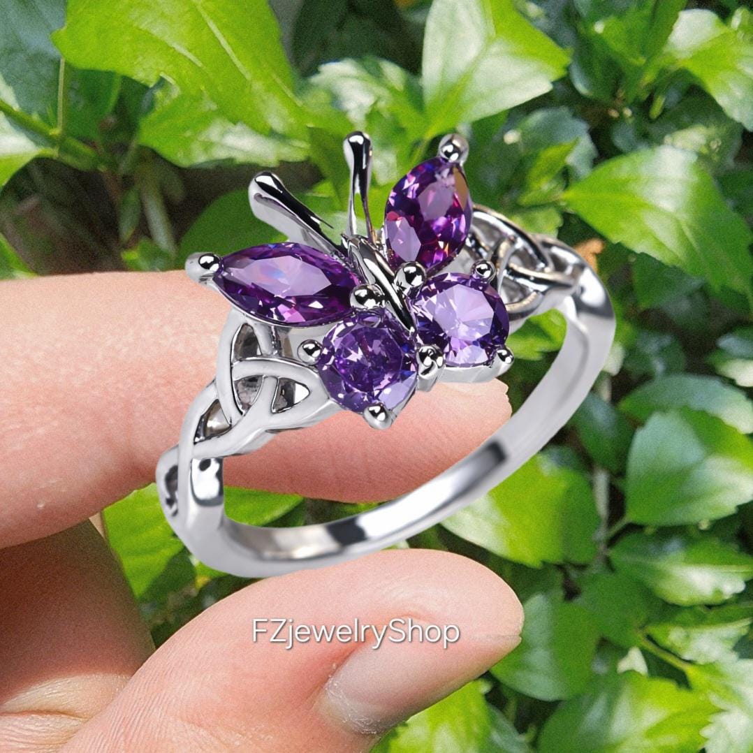CRYSTAL BUTTERFLY RINGS (ADJUSTABLE) – Ashlen Purple Crystal Butterfly Ring Gold Statement Sz 8 Whimsical Boho Cottagecore main image 1