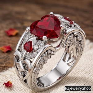 Heart Ruby Engagement Ring, Vintage Gothic Sterling Silver Filigree Band