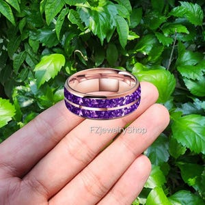 8MM Purple Crystal Stone Inlay Dome Polished Comfort fit Tungsten Carbide Ring Band for Men Women Engagement Ring