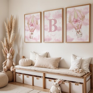 Personalisierte Heißluftballon-Kinderzimmer-Kunst: Rosa Mädchenzimmerdekor, 3er-Set Drucke