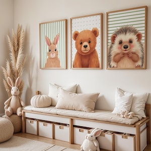 Láminas de vivero con temática de bosque, oso, erizo, conejo, animales, arte de pared para guardería de género neutro, decoración de guardería verde salvia, descarga digital