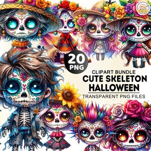 Süßes Skelett Clipart Bundle, süßer Tag der Toten Png, Gruseliges Jahr Clipart, Kawai Skelett Png, Mexikanisches Clipart, Halloween Png