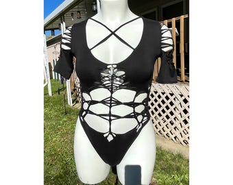 Midnight Coven’s Knot Braided Bodysuit: Festival Bodysuit- Slitweave Braided Bodysuit (S)