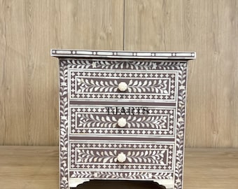 Bone Inlay Floral 3 Drawers Nightstand Brown, bone inlay nightstand brown, bone inlay bedside brown, bone inlay side table brown, bone inlay