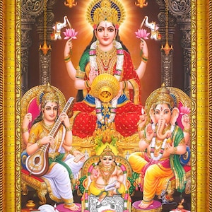 Lakshmi Ganesh Saraswati Ji Photo Frame – Spiritual Wall Art for Temple & Office (14.0&quot;X10.0&quot;)
