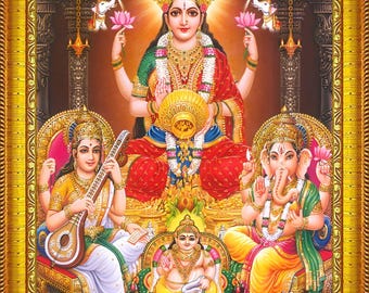 Lakshmi Ganesh Saraswati Ji Photo Frame – Spiritual Wall Art for Temple & Office (14.0&quot;X10.0&quot;)