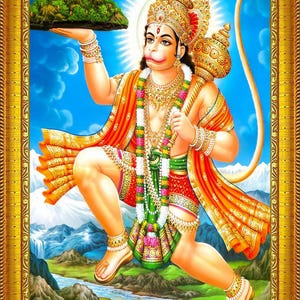 Lord Hanuman with Mountain Religious Framed Picture Frames (13.5X10&quot;)