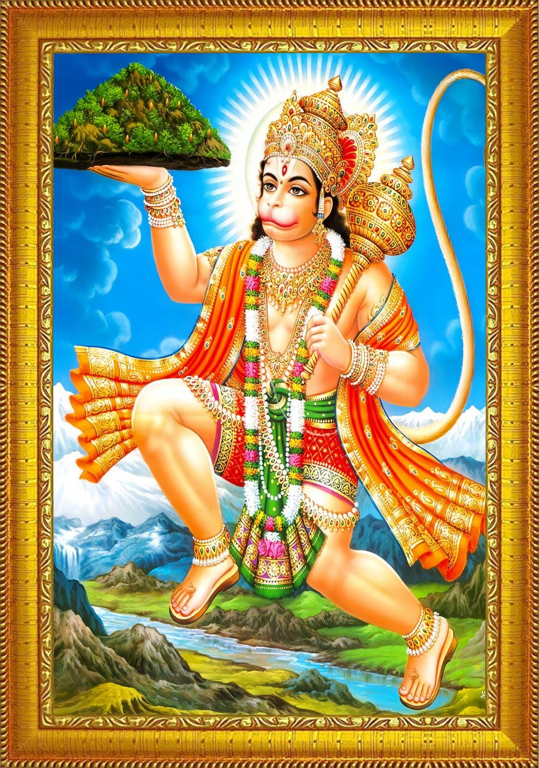 Lord Hanuman with Mountain Religious Framed Picture Frames (13.5X10")