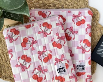 Kindle Sleeve, Quilted E-Reader Case with Zipper, Cherry Bow Padded Kindle Pouch, Book Lover Gift