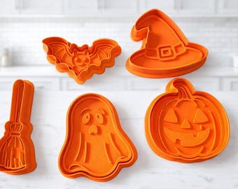 Halloween Cookie Cutter and Stamp STL | Pumpkin Ghost Bat Witch Hat Broom | Digital Download