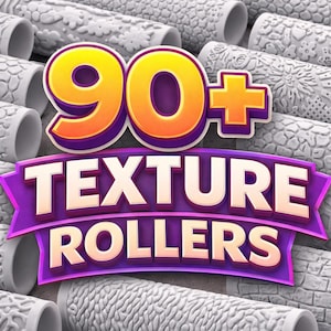 May include: An array of gray texture rollers with various patterns. The image features the text "90+ TEXTURE ROLLERS" in a colorful, eye-catching design. The rollers are cylindrical and appear to be made of a durable material.