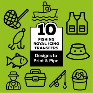 Överföringsark för Royal Icing med fisketema – Mallar för kakdekorationer med fiskeikoner – Digital nedladdning direkt