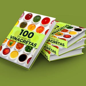 Może przedstawiać: Książki kucharskie zatytułowane "100 Przepisów na Winegret" w języku hiszpańskim, z limonkowym banerem. Okładka przedstawia małe miseczki z kolorowymi winegretami. Na zielonym tle.