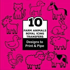 Pode incluir: Um fundo rosa vibrante apresenta desenhos a preto de animais de quinta, incluindo um gato, um cão, um cavalo, uma cabra, um pato, um coelho, um porco, um galo, uma ovelha e uma vaca. A imagem inclui o texto: "10 Farm Animals Royal Icing Transfers Designs to Print & Pipe."
