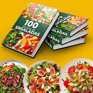 Pode incluir: Uma pilha de livros de receitas intitulados "100 Recetas de Ensaladas" com uma capa verde e imagens de saladas. Três pratos de saladas são exibidos abaixo dos livros, com vários ingredientes como figos e tomates.