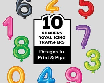 Balloon Number Royal Icing Transfer Sheets: Cookie Decorating Templates (Digital Download PDF)